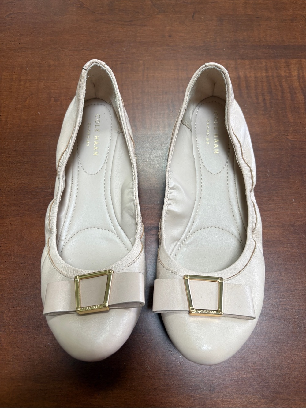Cole Haan Pale Beige Leather Ballet Flats with Gold Buckle